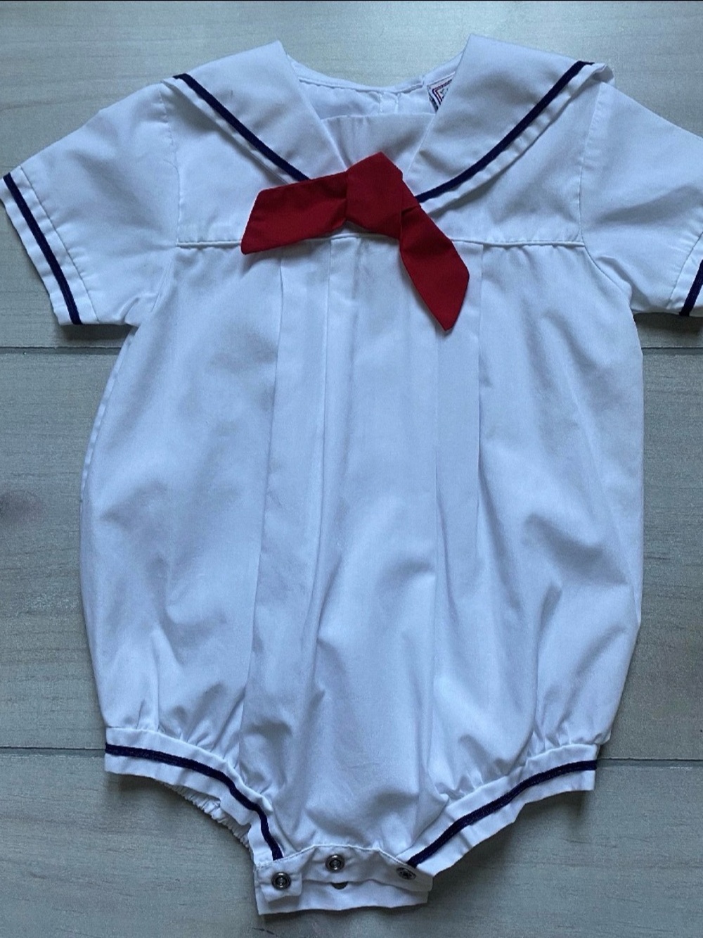 Petit Ami White Sailor One-Piece Bubble Romper with Red Bow